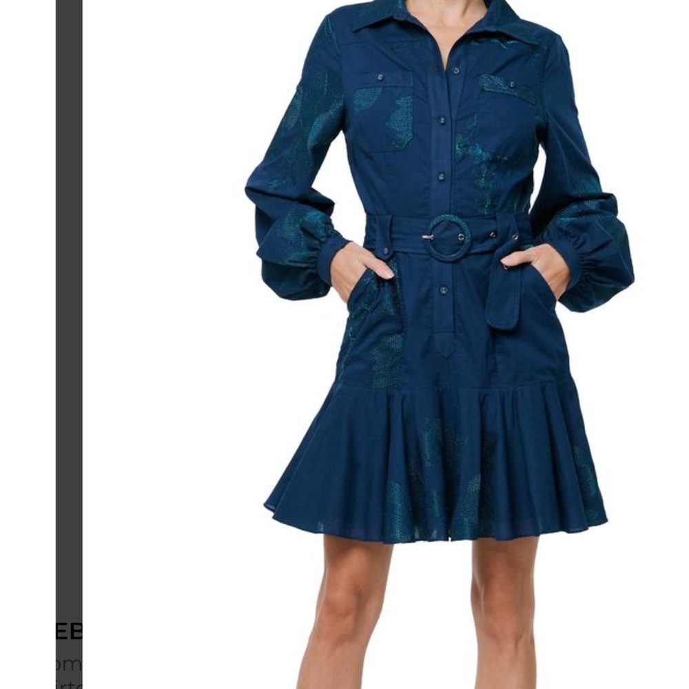 Ciebon Women's Long Sleeve Navy Belted Shirt Dress